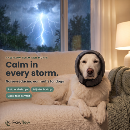 Dog wearing Pawflow Calm ear muffs: calm in every storm