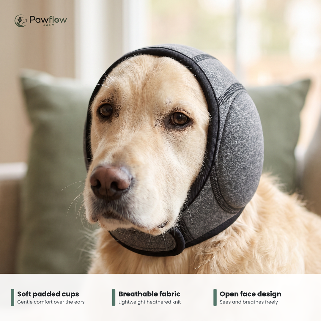Pawflow Calm ear muffs: soft padded cups, breathable fabric, open face