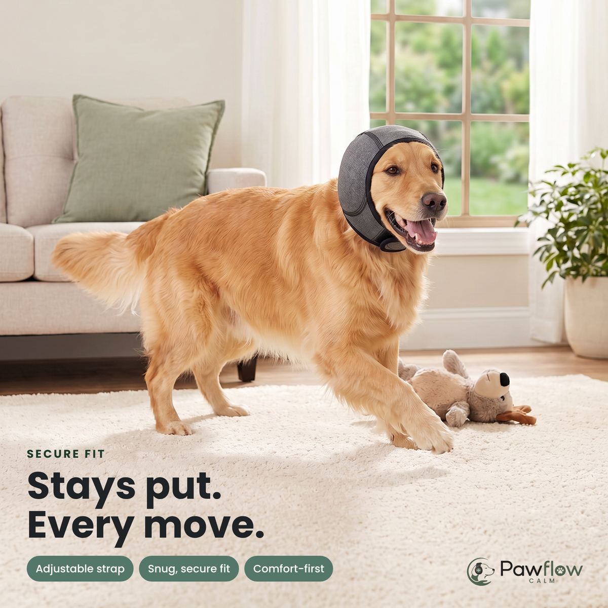 Pawflow Calm ear muffs stay in place while the dog moves