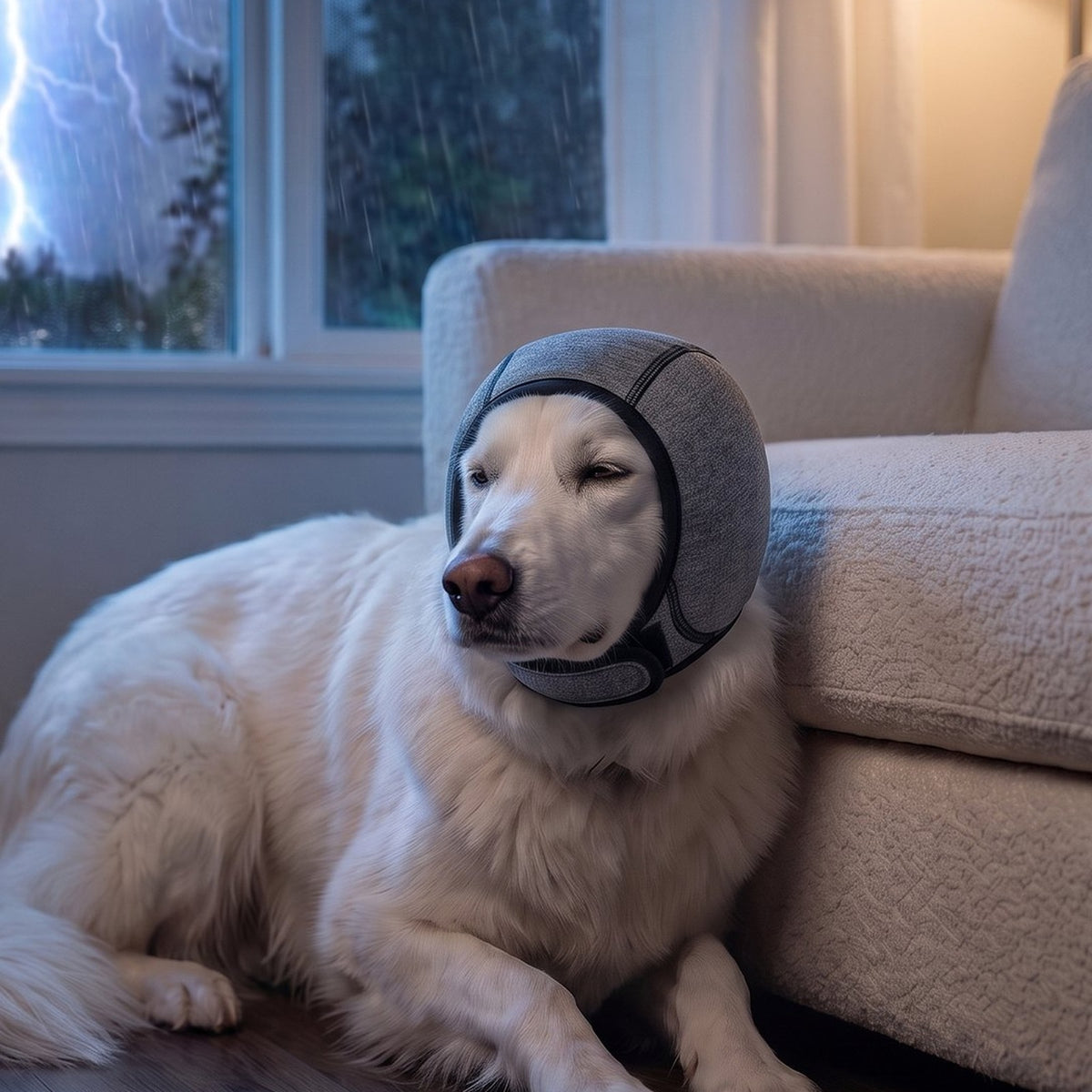 Después: perro tranquilo con las orejeras Pawflow Calm